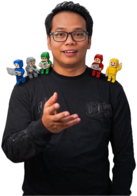Bram sedang menjelaskan, dengan lima figur kecil agent AI di bahunya