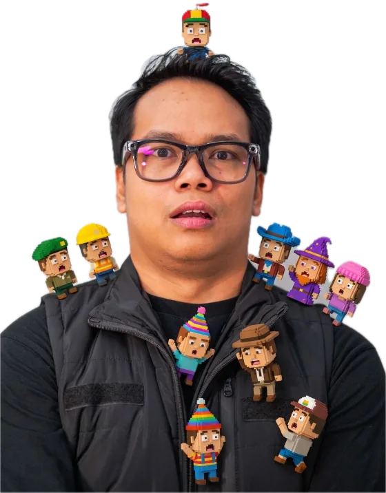 Bram dengan sepuluh figur kecil agent AI yang memanjat di bahu dan vest-nya